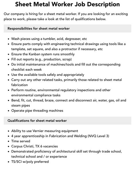 sheet metal worker responsibilities